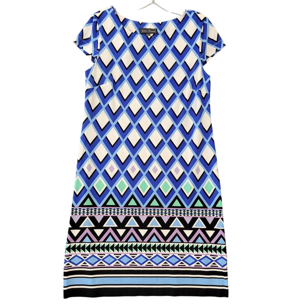 Jessica Howard Blue Dress Stretch Midi Geometric Stripe Cap Sleeves Women Size M